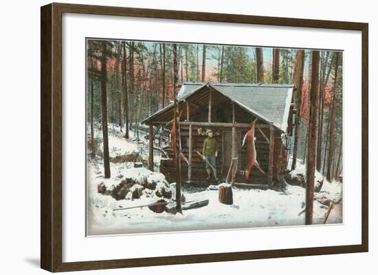 Deer Hanging by Rustic Cabin in Winter-null-Framed Art Print