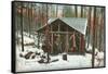 Deer Hanging by Rustic Cabin in Winter-null-Framed Stretched Canvas