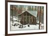 Deer Hanging by Rustic Cabin in Winter-null-Framed Art Print