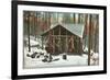 Deer Hanging by Rustic Cabin in Winter-null-Framed Art Print