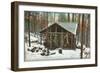 Deer Hanging by Rustic Cabin in Winter-null-Framed Art Print