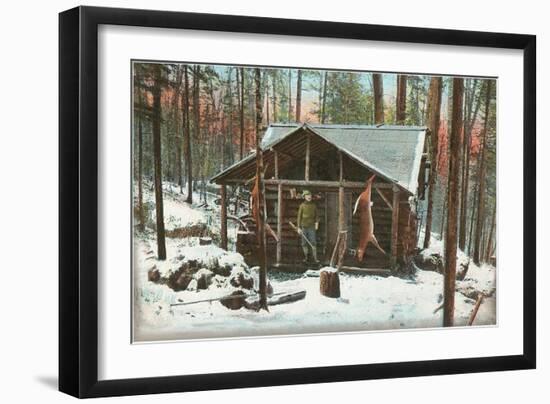 Deer Hanging by Rustic Cabin in Winter-null-Framed Art Print