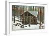 Deer Hanging by Rustic Cabin in Winter-null-Framed Art Print