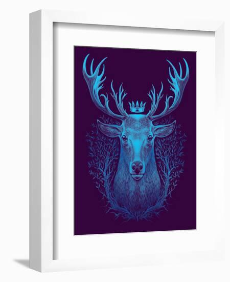 Deer Head. Graphic Illustration of a Whitetail Deer Head with Crown and Old Tree-Barandash Karandashich-Framed Art Print