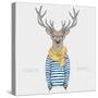 Deer Hipster Dressed up in a Cozy Scarf - Fashion Animal Illustration-Olga_Angelloz-Stretched Canvas