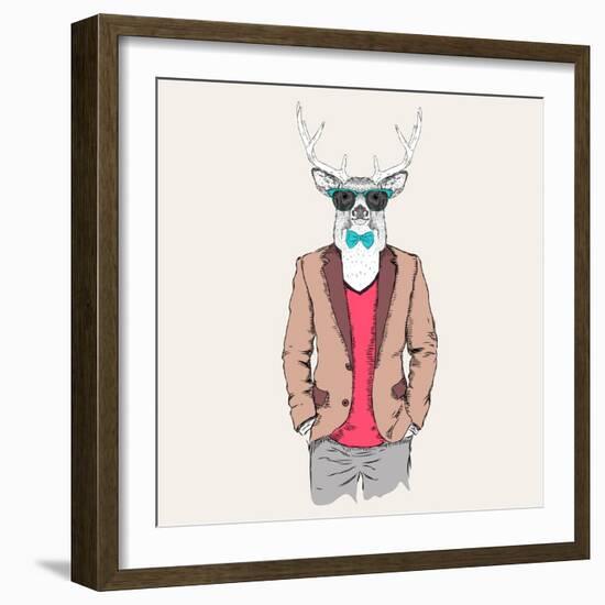 Deer Hipster Dressed up in Jacket, Pants and Sweater. Vector Illustration-Sunny Whale-Framed Art Print