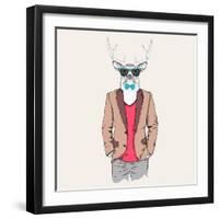 Deer Hipster Dressed up in Jacket, Pants and Sweater. Vector Illustration-Sunny Whale-Framed Art Print