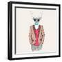 Deer Hipster Dressed up in Jacket, Pants and Sweater. Vector Illustration-Sunny Whale-Framed Art Print