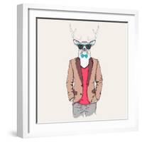 Deer Hipster Dressed up in Jacket, Pants and Sweater. Vector Illustration-Sunny Whale-Framed Art Print