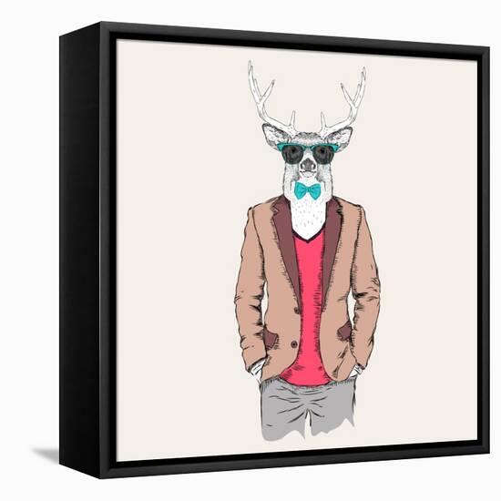Deer Hipster Dressed up in Jacket, Pants and Sweater. Vector Illustration-Sunny Whale-Framed Stretched Canvas