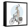 Deer Hipster on a Bicycle-Olga_Angelloz-Framed Stretched Canvas