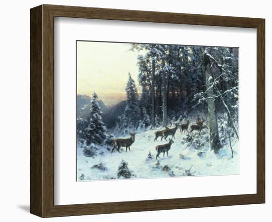 Deer in a Snowy Wooded Landscape-Arthur Julius Thiele-Framed Giclee Print