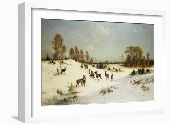 Deer in a Wooded Winter Landscape-Julius Arthur Thiele-Framed Giclee Print