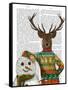 Deer in Christmas Sweater with Snowman-Fab Funky-Framed Stretched Canvas