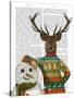 Deer in Christmas Sweater with Snowman-Fab Funky-Stretched Canvas