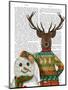 Deer in Christmas Sweater with Snowman-Fab Funky-Mounted Art Print