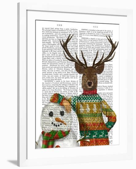 Deer in Christmas Sweater with Snowman-Fab Funky-Framed Art Print