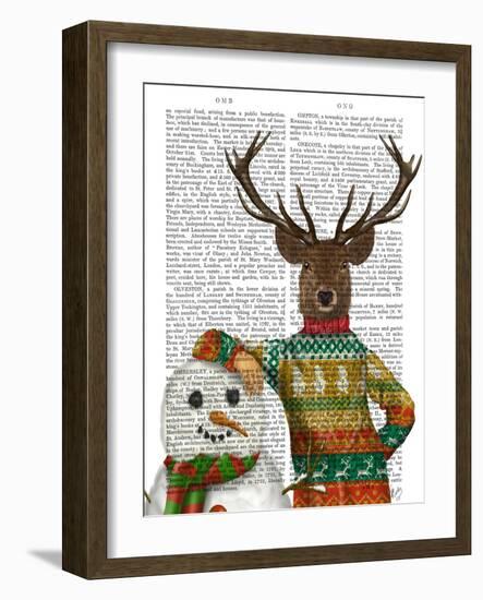 Deer in Christmas Sweater with Snowman-Fab Funky-Framed Art Print