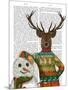Deer in Christmas Sweater with Snowman-Fab Funky-Mounted Art Print