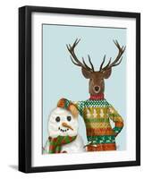 Deer in Christmas Sweater with Snowman-Fab Funky-Framed Art Print