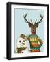 Deer in Christmas Sweater with Snowman-Fab Funky-Framed Art Print