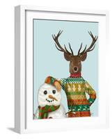 Deer in Christmas Sweater with Snowman-Fab Funky-Framed Art Print