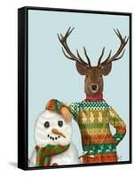 Deer in Christmas Sweater with Snowman-Fab Funky-Framed Stretched Canvas