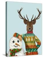 Deer in Christmas Sweater with Snowman-Fab Funky-Stretched Canvas