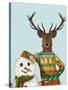 Deer in Christmas Sweater with Snowman-Fab Funky-Stretched Canvas