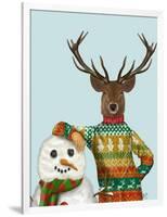 Deer in Christmas Sweater with Snowman-Fab Funky-Framed Art Print