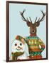 Deer in Christmas Sweater with Snowman-Fab Funky-Framed Art Print