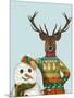 Deer in Christmas Sweater with Snowman-Fab Funky-Mounted Art Print
