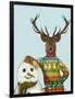 Deer in Christmas Sweater with Snowman-Fab Funky-Framed Art Print