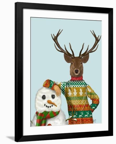 Deer in Christmas Sweater with Snowman-Fab Funky-Framed Art Print