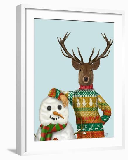 Deer in Christmas Sweater with Snowman-Fab Funky-Framed Art Print