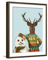 Deer in Christmas Sweater with Snowman-Fab Funky-Framed Art Print