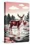 Deer in Stream-null-Stretched Canvas