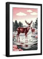 Deer in Stream-null-Framed Premium Giclee Print