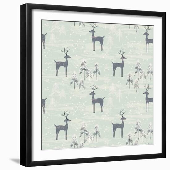 Deer in Winter Pine Forest. Seamless Pattern with Hand Drawn Design for Christmas and New Year Gree-Lidiebug-Framed Premium Giclee Print