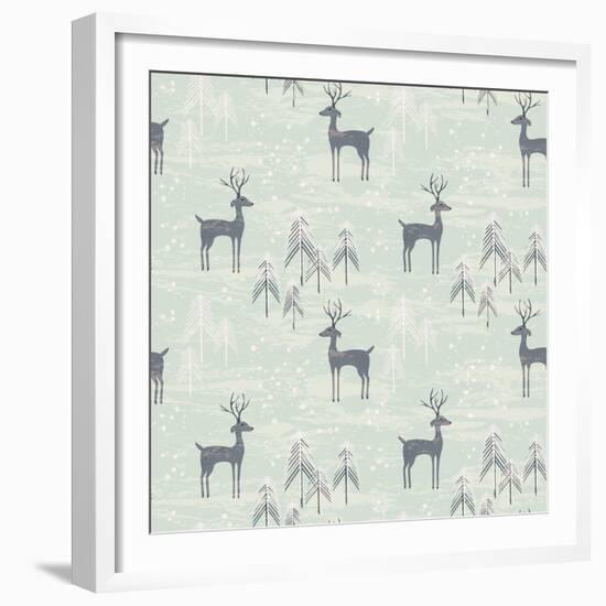 Deer in Winter Pine Forest. Seamless Pattern with Hand Drawn Design for Christmas and New Year Gree-Lidiebug-Framed Premium Giclee Print