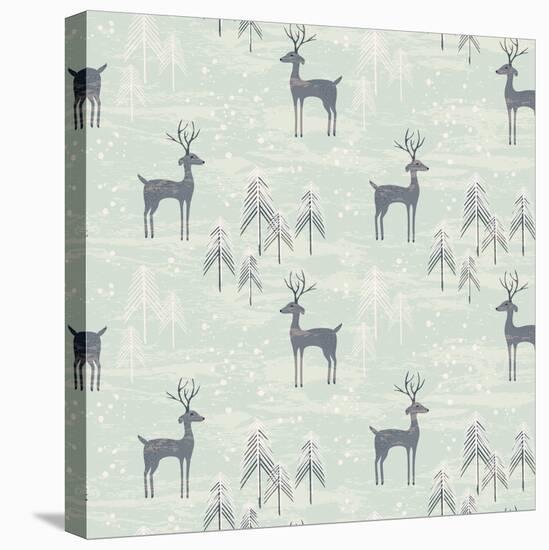 Deer in Winter Pine Forest. Seamless Pattern with Hand Drawn Design for Christmas and New Year Gree-Lidiebug-Stretched Canvas