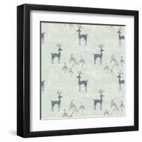 Deer in Winter Pine Forest. Seamless Pattern with Hand Drawn Design for Christmas and New Year Gree-Lidiebug-Framed Art Print