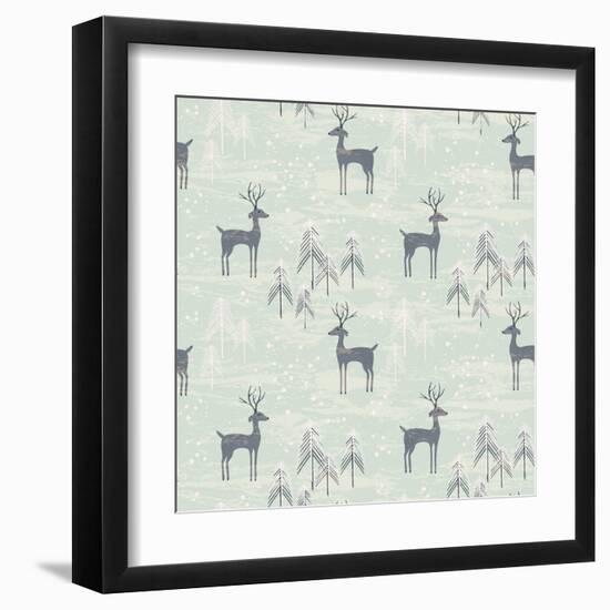 Deer in Winter Pine Forest. Seamless Pattern with Hand Drawn Design for Christmas and New Year Gree-Lidiebug-Framed Art Print