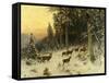 Deer in Winter Wooded Landscape-Arthur Julius Thiele-Framed Stretched Canvas