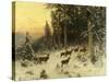 Deer in Winter Wooded Landscape-Arthur Julius Thiele-Stretched Canvas