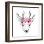 Deer Pencil Drawing with Watercolor Flowers-Maria Sem-Framed Art Print