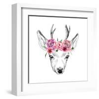 Deer Pencil Drawing with Watercolor Flowers-Maria Sem-Framed Art Print