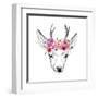 Deer Pencil Drawing with Watercolor Flowers-Maria Sem-Framed Art Print