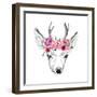 Deer Pencil Drawing with Watercolor Flowers-Maria Sem-Framed Premium Giclee Print