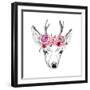 Deer Pencil Drawing with Watercolor Flowers-Maria Sem-Framed Premium Giclee Print